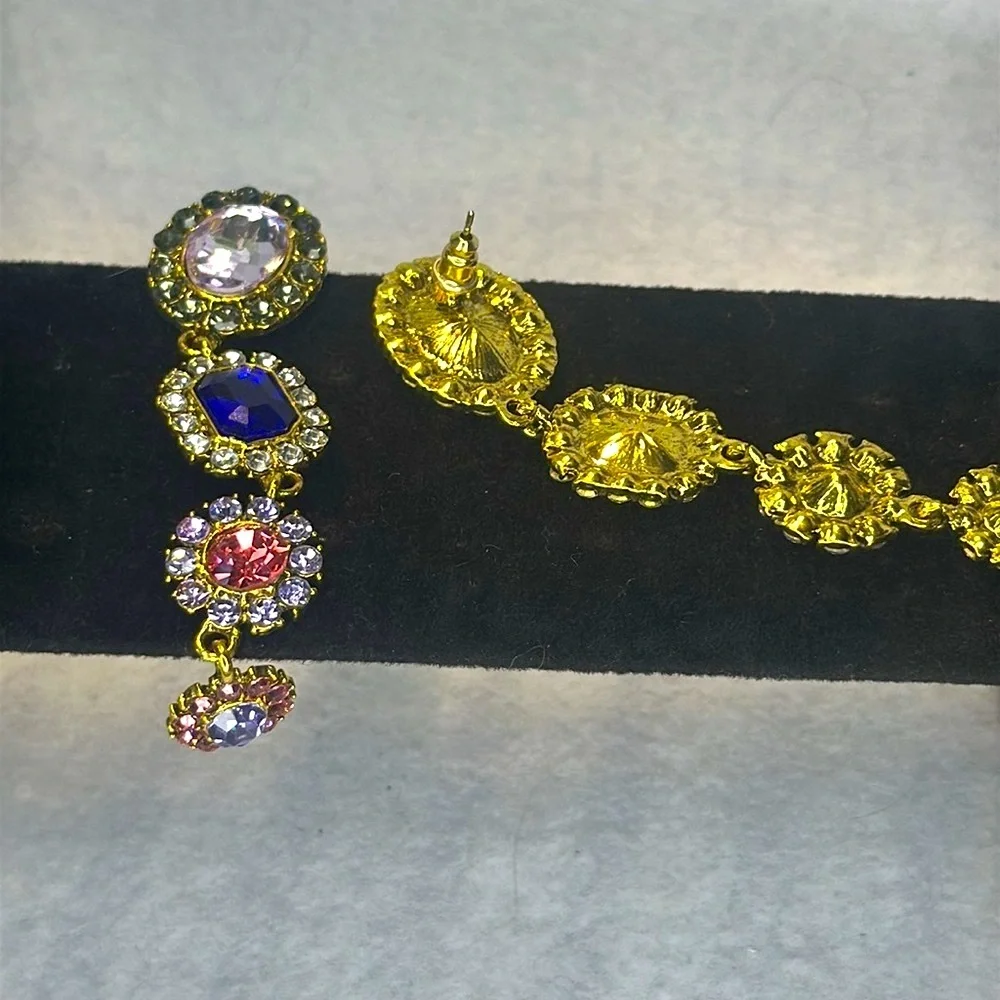 5J: Victorian Style Dangling White, Blue, & Pink Rhinestone Earrings, NIB